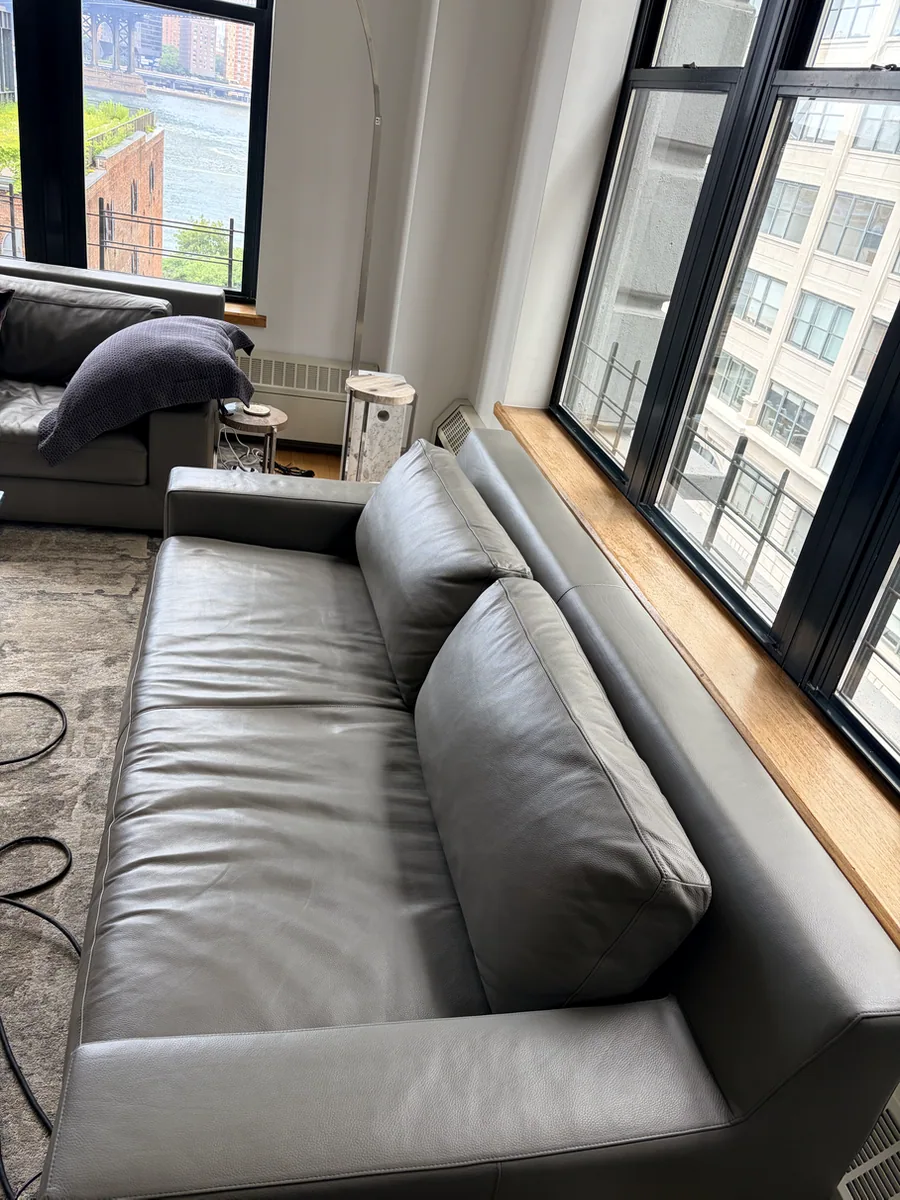 Gray leather sofa after dog scratch finish restoration in DUMBO, Brooklyn