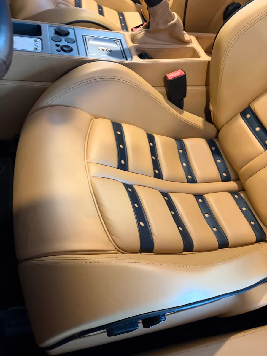 2007 Ferrari F430 Spider Daytona seat after corrective color restoration to OEM Ferrari Cuoio, New Jersey