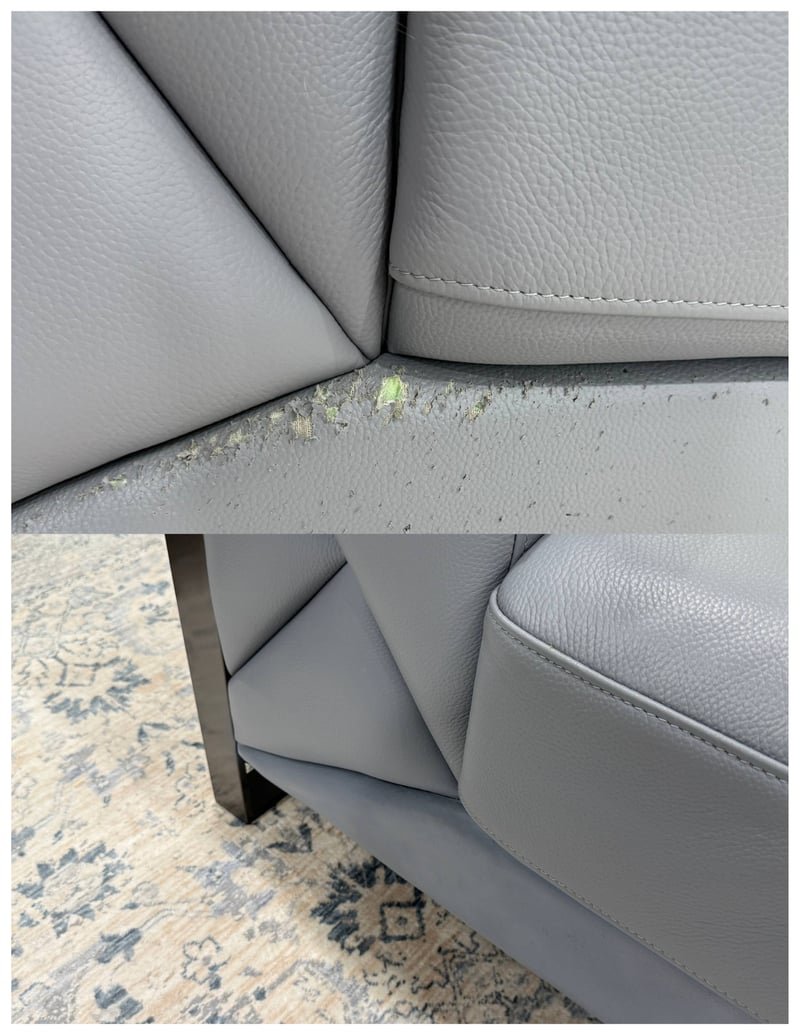Grey leather couch scratch repair completed on-site in Brooklyn NYC